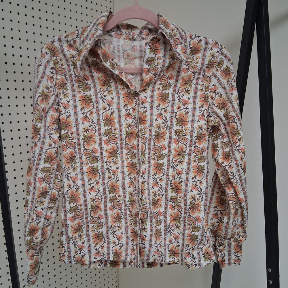 Vintage 60s 70s Boho Floral Blouse Mod Hippie Earth Tone Button Up Shirt Western